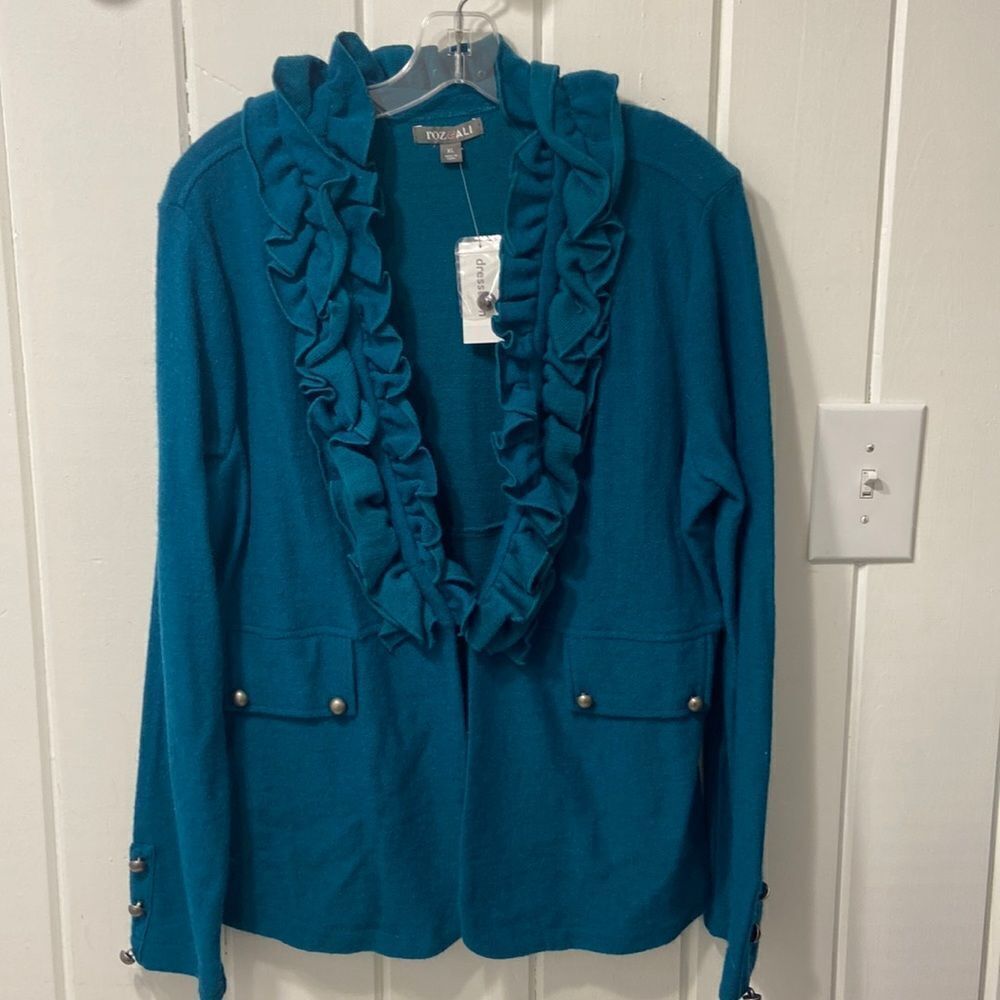 Blue green‎ jacket with ruffle and brass looking buttons